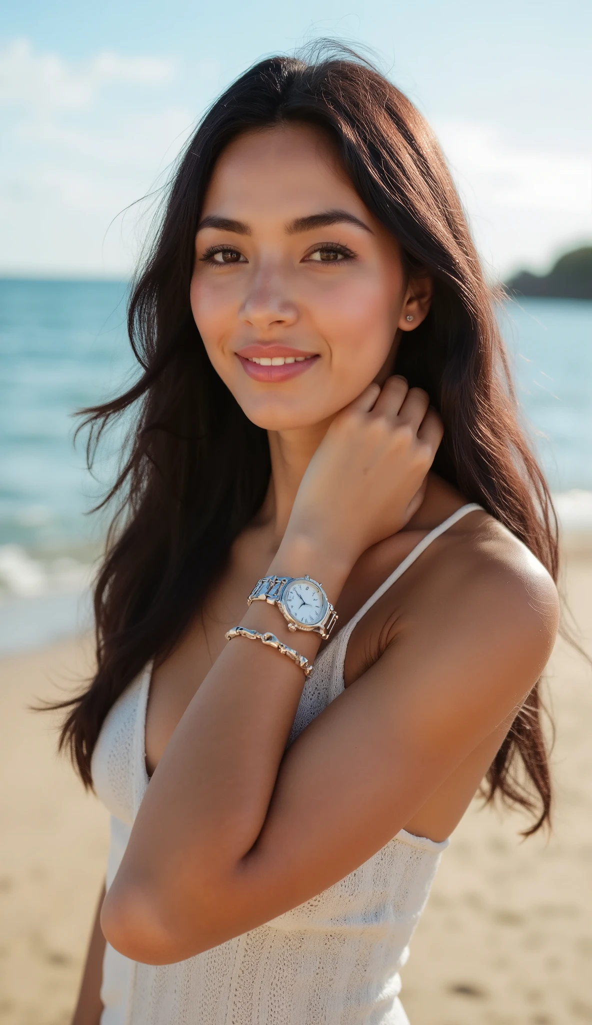 A young Malaysian woman, long hair, perfect face, charming smile, wearing beach casual clothes, charming posture, lifting her left hand to show the watch on her wrist. 8K ultra-high definition, hyper-realistic style, commercial photography lighting master, focused eyes, relaxed posture. Delicate skin texture, perfect details, super high clarity, 9:16 aspect ratio, work of a master photographer, good indoor lighting, model's face and sunshine. Full-body display,Elegant and confident dynamics