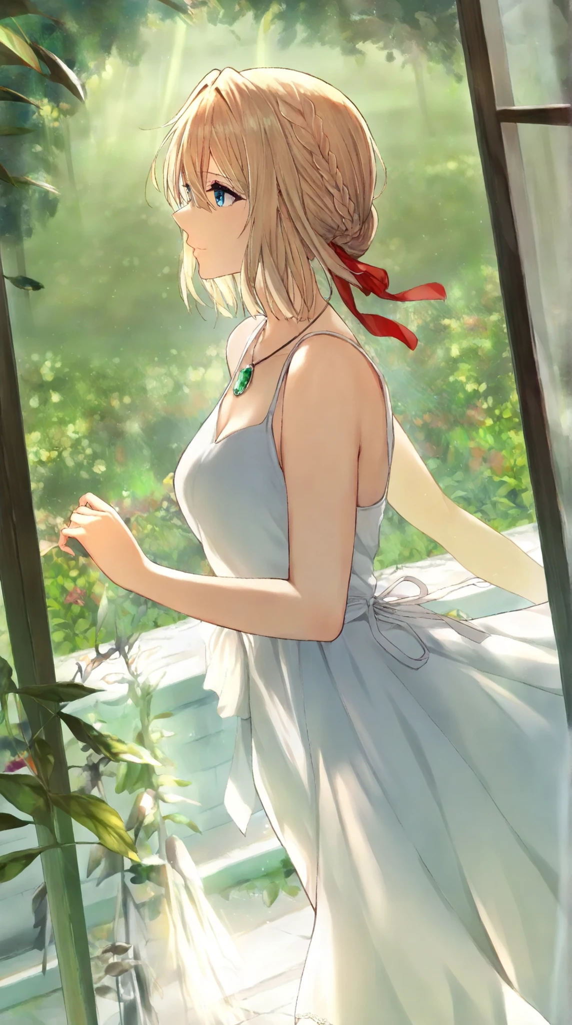 1girl, violet evergarden, violet evergarden series, blonde hair, red ribbon, french braid, blue eyes, beautiful eyes, emerald necklace, white sundress, sunlight, looking outside, cowboy shot, green garden in background, amazing background, vibrant color, (masterpiece, best quality), newest, highres, absurdres