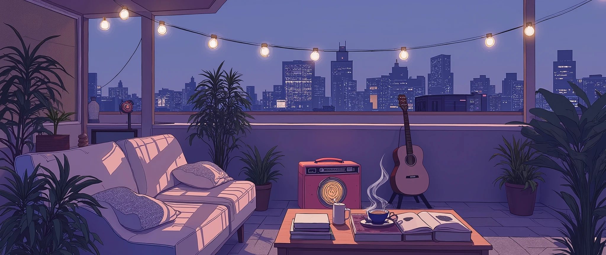 Rooftop at night、nighttime scene、outside of house、with no people、Calm and meditative atmosphere、houseplant、Lo-fi atmosphere、String Light、Cozy sofa、Pink radio with retro design、Hot coffee on the coffee table、Warm blanket、 books、There is an acoustic guitar、