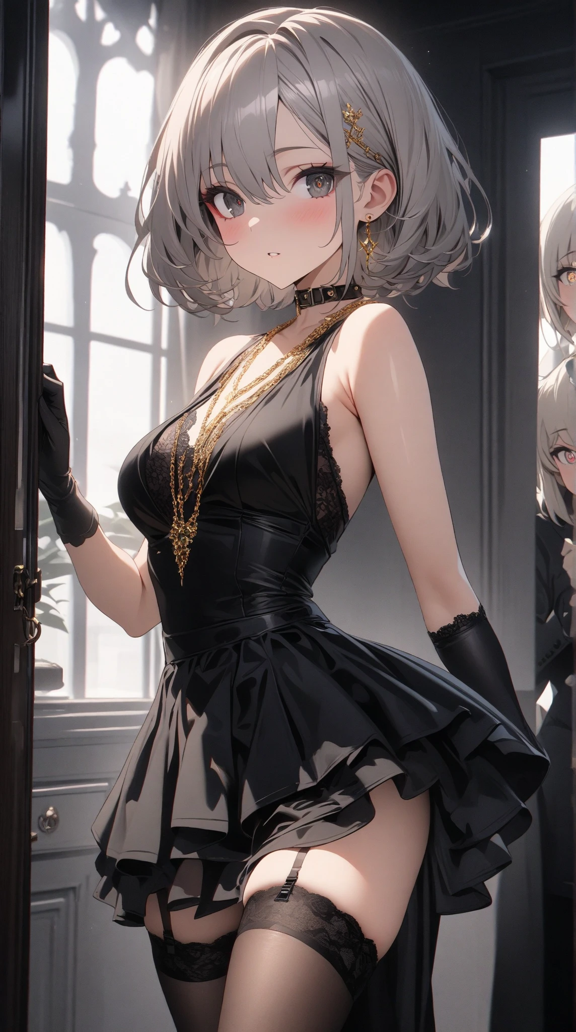 (Photorealistic:1.8, Highest quality:1.8,8K Masterpiece:1.8、Super detailed、Ultra-high resolution、Detailed Background)、((Flat Color))、((colorful))、Multicolored lighting、((Floating colorful water))、Blue background、
Bound Queen、Random Pause、(Chained、Golden Chain、Chained to the body、Chained first round、handcuffs、shortage々Shii:1.4)、Random Sexy Poses、Turn around、Angle from behind、
(Medium Hair、Silver Hair、hair ornaments、choker)、(Mini Dress、choker、Knee-high stockings、garter belt、White biting panties)、Beautiful hip line、TWICE's Tzuyu' on pause、Beautiful blue eyes、(A rich expression、smile)