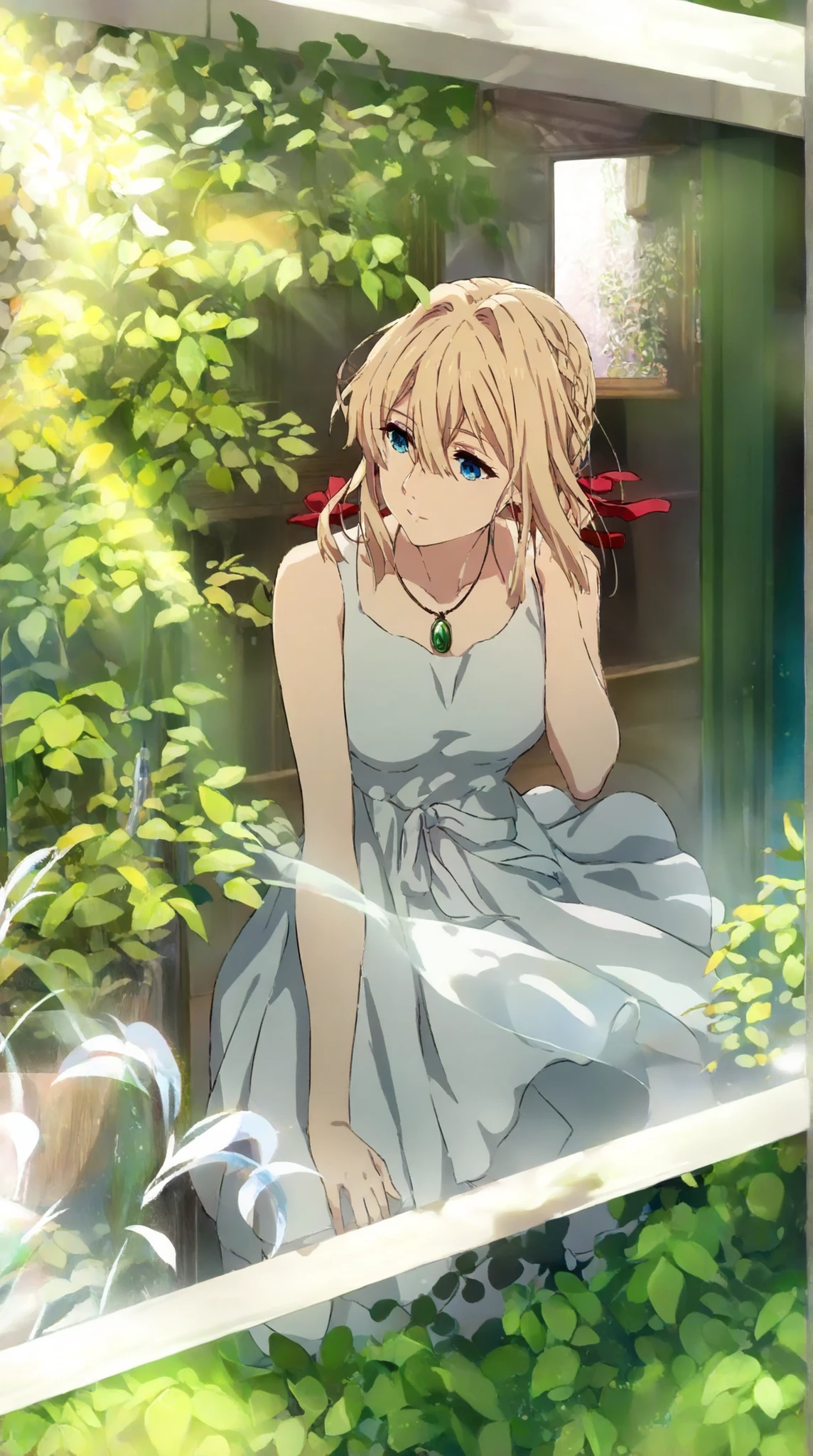 1girl, violet evergarden, violet evergarden series, blonde hair, red ribbon, french braid, blue eyes, beautiful eyes, emerald necklace, white sundress, sunlight, looking outside, medium shot, green garden in background, amazing background, vibrant color, (masterpiece, best quality), newest, highres, absurdres