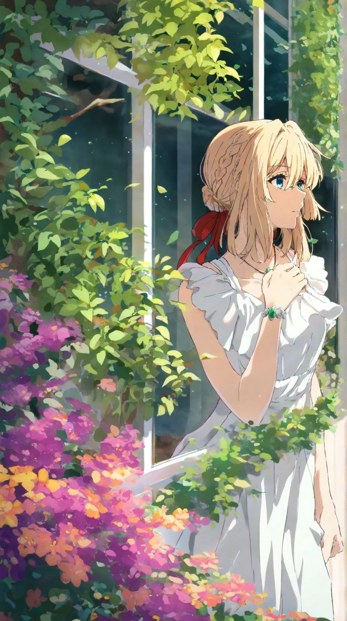 1girl, violet evergarden, violet evergarden series, blonde hair, red ribbon, french braid, blue eyes, beautiful eyes, emerald necklace, white sundress, sunshine, looking outside, green garden in background, amazing background, vibrant color, (masterpiece, best quality), newest, highres, absurdres