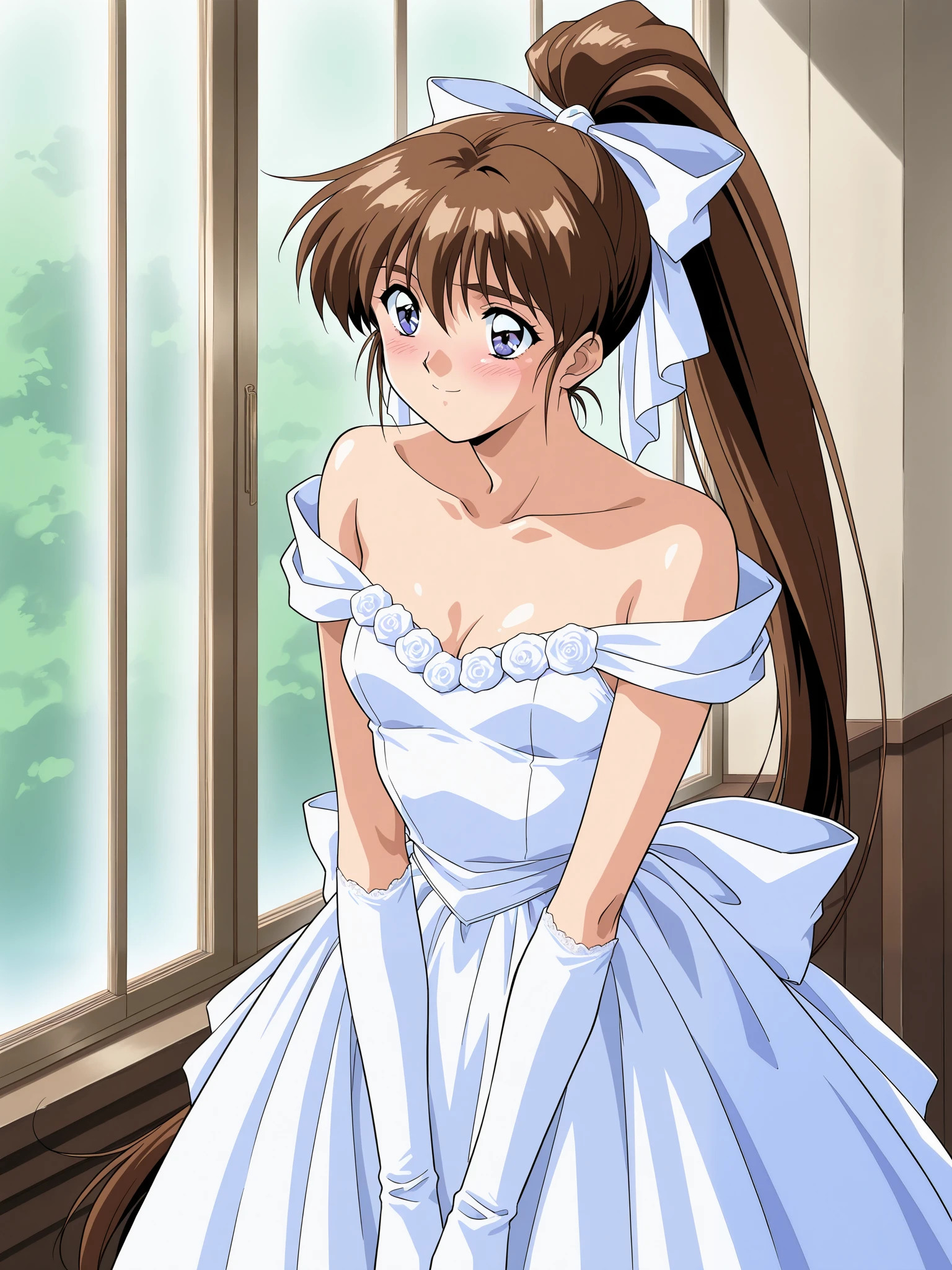 Alone, one girl, (cowboy shot), AMATSU _AI, brown hair, ponytail, very long hair, ribbon, hair ribbon, hair bow, blue eyes, bangs, purple eyes, high ponytail, 1990s \(style\),anime coloring, small breasts, cleavage, (wedding dress), (shy:1.1), (blush), (smile), (I'm fascinated:1.1), (face waiting for kiss:1.2), ( wedding venue from the window), score_9, score_8_superior, score_7_superior, source_ anime, (best quality:1.2), masterpiece, high quality, full color, 8k, High Resolution, front light