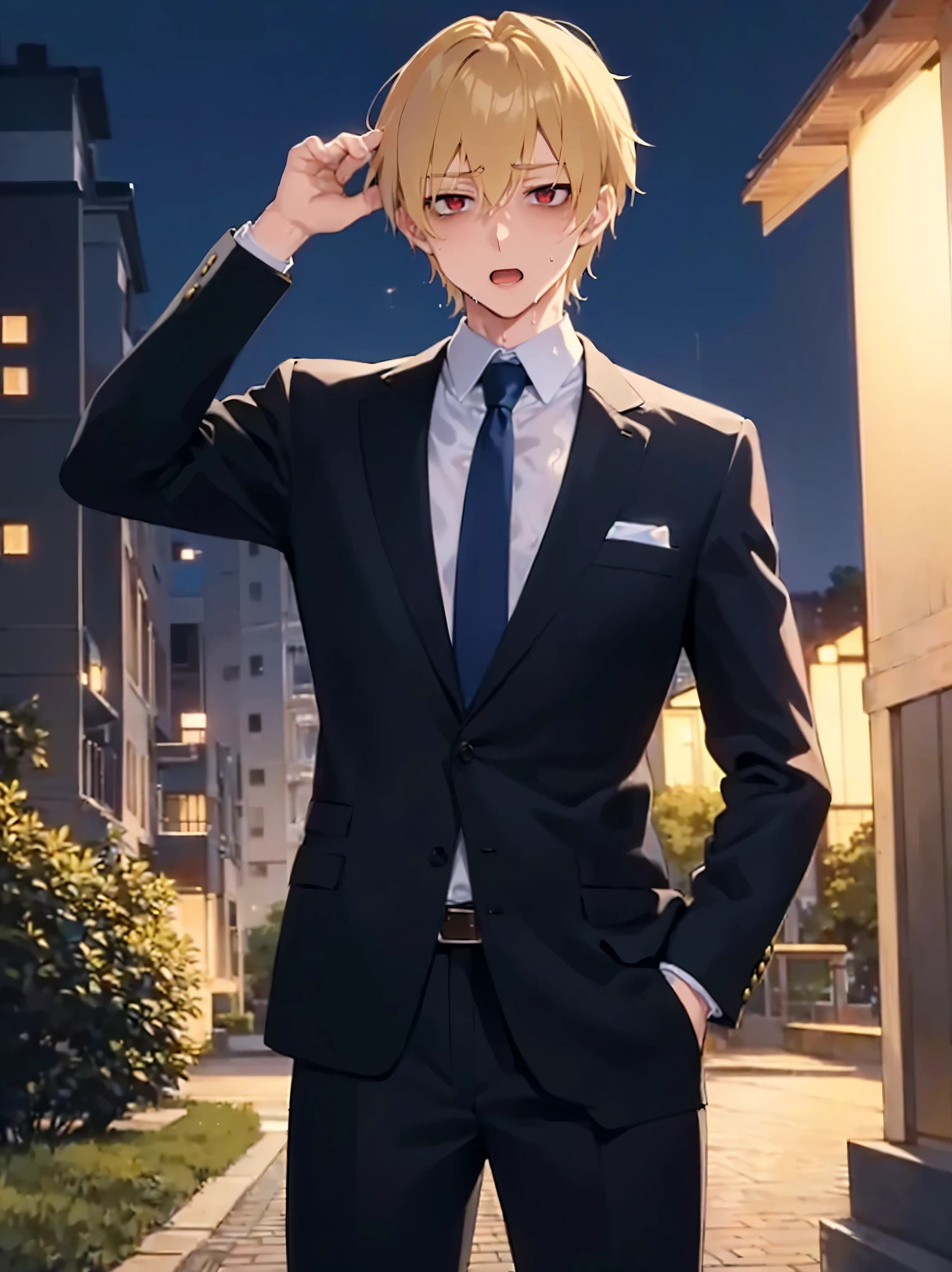 standing, (at night:1.5), hand up, masterpiece, best quality, Japanese manga style, upper body, (25 year old male: 1.5) and (short blonde hair) and (red eyes), (suit:1.5) and (blue tie), (sweat:1.3), sirious, open mouth, in the park, alone,