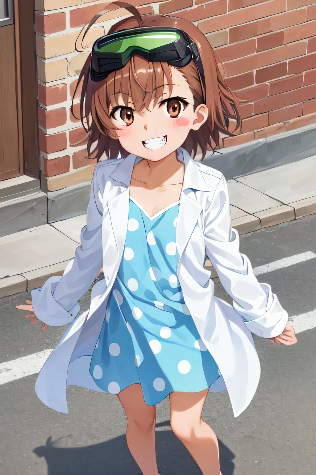 from above, 1girl, Last Order, smiley-smiley, full of smiles, twinkling eyes, playful grin, full of innocence, opened mouth, talking confidently, street, aalo, short hair, ahoge, goggles on head, blush stickers, collarbone, polka dot dress, blue dress, labcoat, white coat, long sleeves (extremely dlietailed CG, masterpiece, highres icon,absurdres,4K),