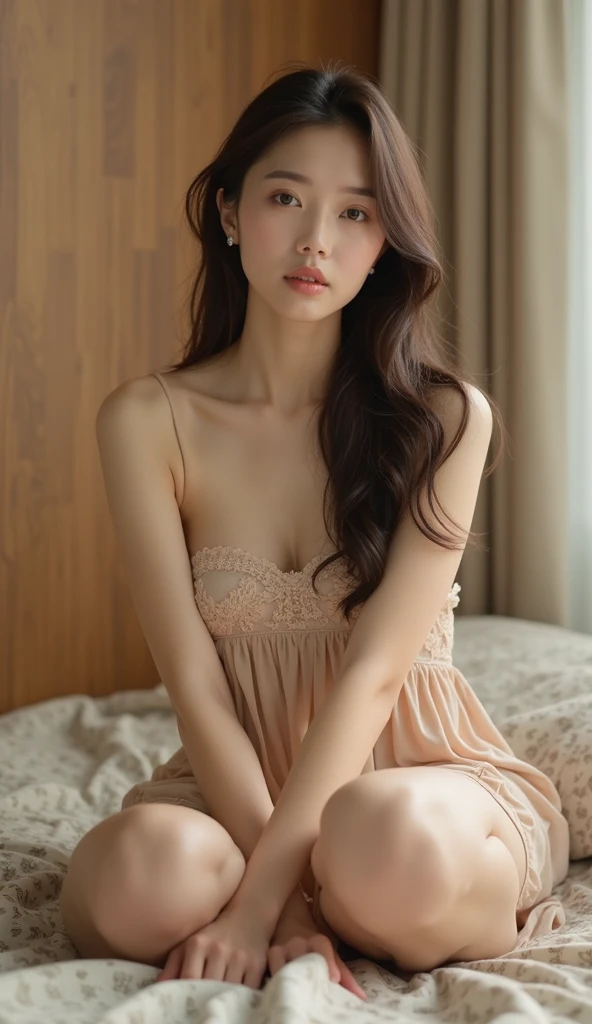 Japanese young girl 20 yo, big breasts, wearing transparent short dress, on bed
