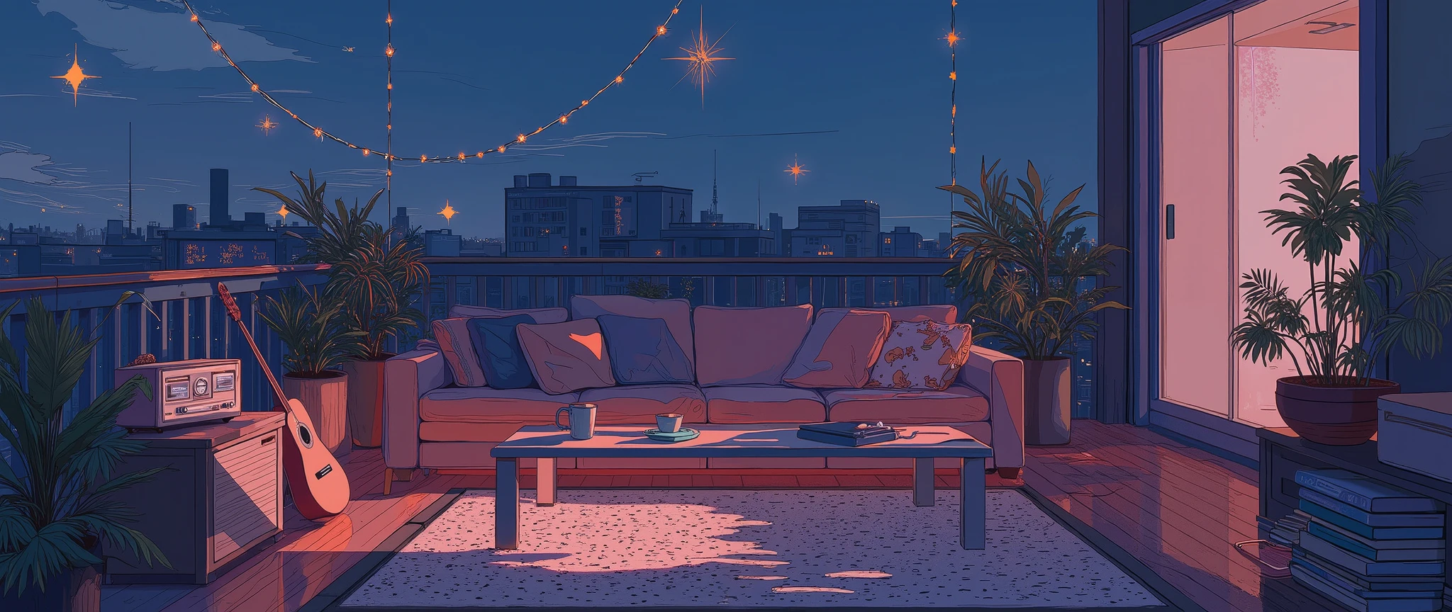 Rooftop at night、nighttime scene、outside of house、with no people、Calm and meditative atmosphere、houseplant、Lo-fi atmosphere、String Light、Cozy sofa、Pink radio with retro design、Hot coffee on the coffee table、Warm blanket、 books、There is an acoustic guitar、