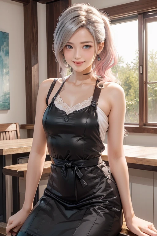 (Highly detailed CG unity 8k wallpaper), (Masterpiece), (Highest quality), (Portrait), (Highest illustration), (Highest shadow), (Realistic:1.4), 1girl on street, Kpop idol, ((Very over Size sweater, button sweater, open sweater), (gray hair: 1.1), collarbone, (middle chest: 1.3), viewer, smile, full body, (latex clothes, latex stockings, coquettish smile, clothes smooth texture) ,{latex swimsuit},