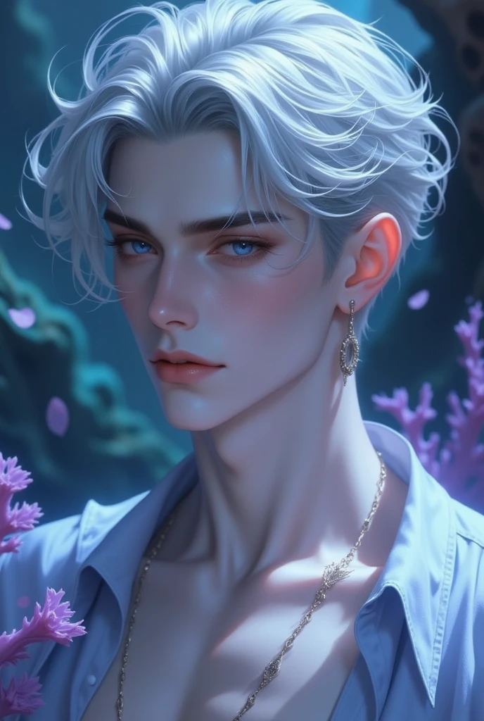 ((jewel_light element)), ( luminous man wearing a  blue toxedo groomsmen attire), (man made of lightblue light: 1.2,  wavy blue hairstyle with delicate features and light:1.3), (minimalism: 0.5), (Frontal close-up angle above the waist: 1.3), 4K, HDR, acid graphics, fantasy work, [Detailed and vivid faces: 0.33], (white translucent glowing  blue hair: 1.3),,Silhouette outline and glowing in toxedo handsome man, Understated elegance .. A calm and dignified atmosphere provides a subtle sense of luxury... gray smooth texture, stylish pose, fluorescent, glowing tattoo, bioluminescent tattoo, glowing pattern. A man Wearing blue toxedo 