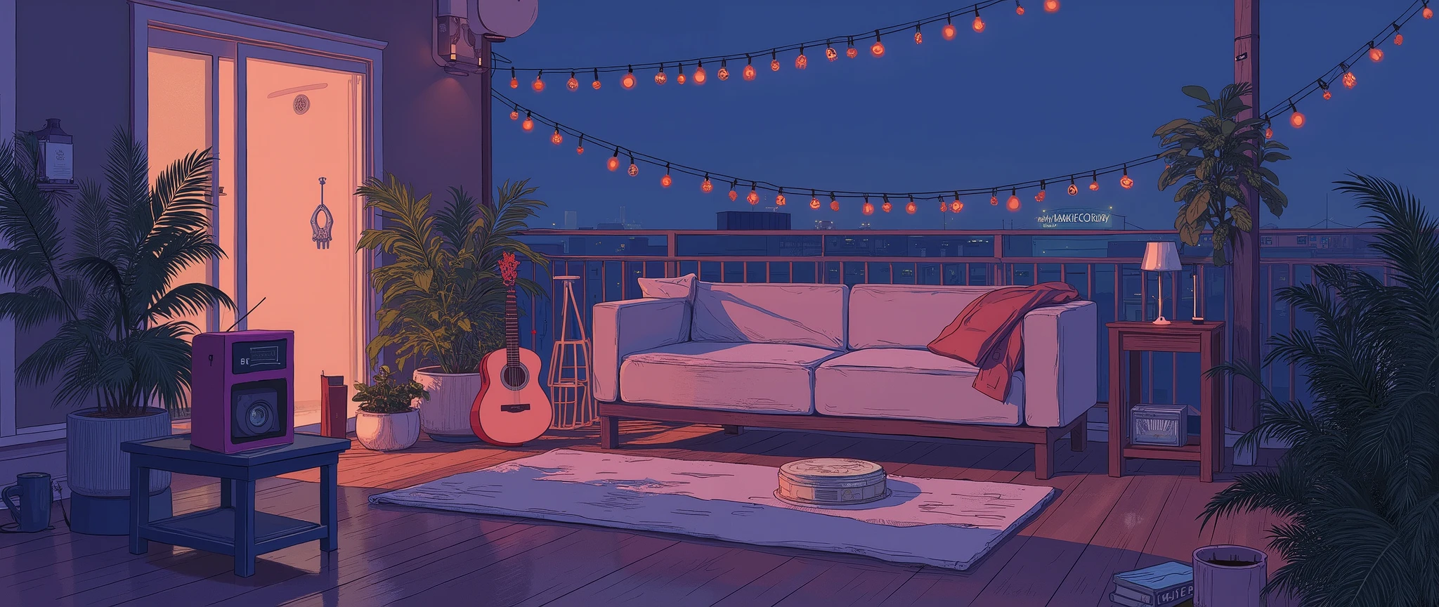 Rooftop at night、nighttime scene、outside of house、with no people、Calm and meditative atmosphere、houseplant、Lo-fi atmosphere、String Light、Cozy sofa、Pink radio with retro design、Hot coffee on the coffee table、Warm blanket、 books、There is an acoustic guitar、