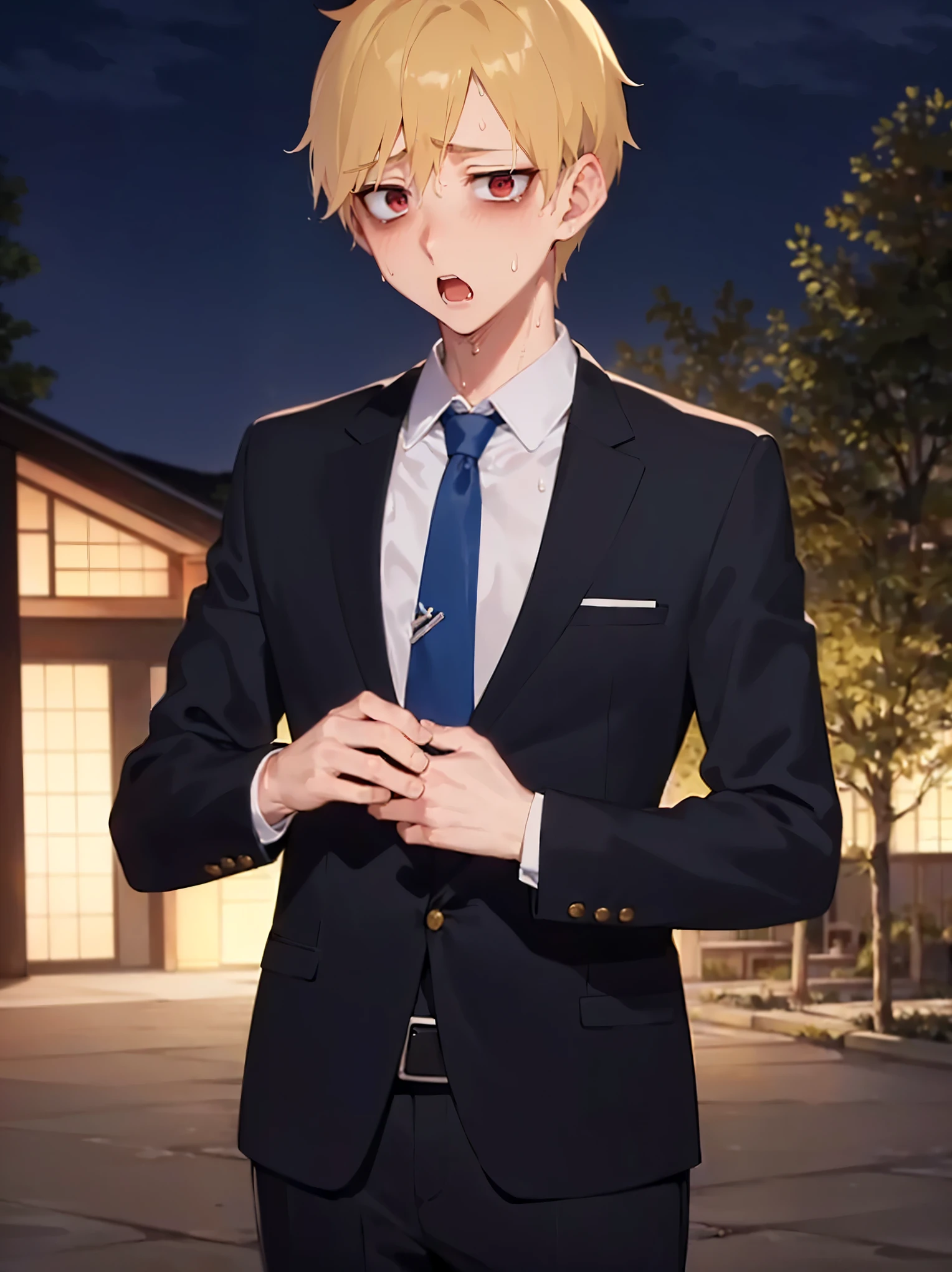 standing, (at night:1.5), hand up, masterpiece, best quality, Japanese manga style, upper body, (25 year old male: 1.5) and (short blonde hair) and (red eyes), (suit:1.5) and (blue tie), (sweat:1.3), (sad:1.5), open mouth, in the park, alone,
