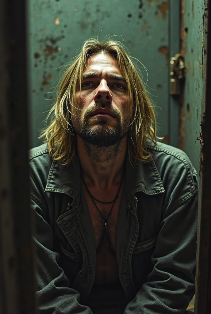 Homme jeune 30 aine charismatique blond cheveux longs, barbu mourrant avec du sang sur le ventre assis nonchalant sur le sol de la salle de bain