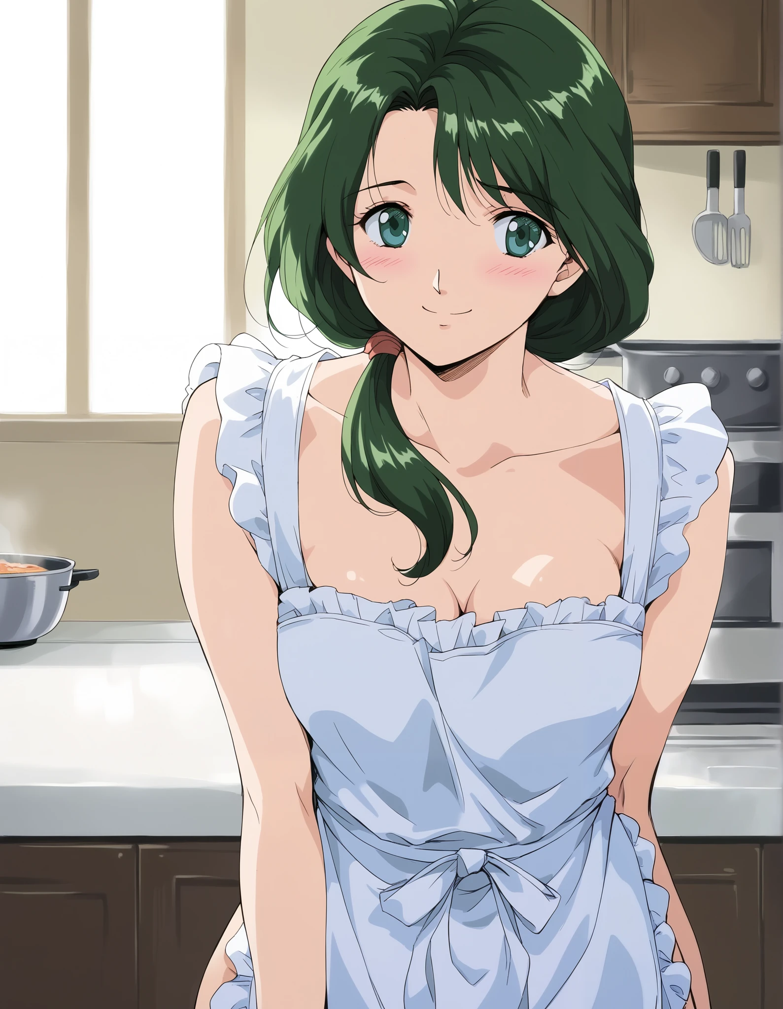 one girl, Alone, sakurai_sensei, (cowboy shot), dark green hair, long hair, green eyes, low ponytail, anime coloring, blue eyes, shoulder-mounted hair , pretty face, small breasts, cleavage, pretty butt, (Cute Apron), (shy:1.1), (blush), (smile), (I'm fascinated:1.1), (cooking:1.2), (kitchen), score_9, score_8_superior, score_7_superior, source_ anime, (best quality:1.2), masterpiece, high quality, full color, 8k, High Resolution, front light