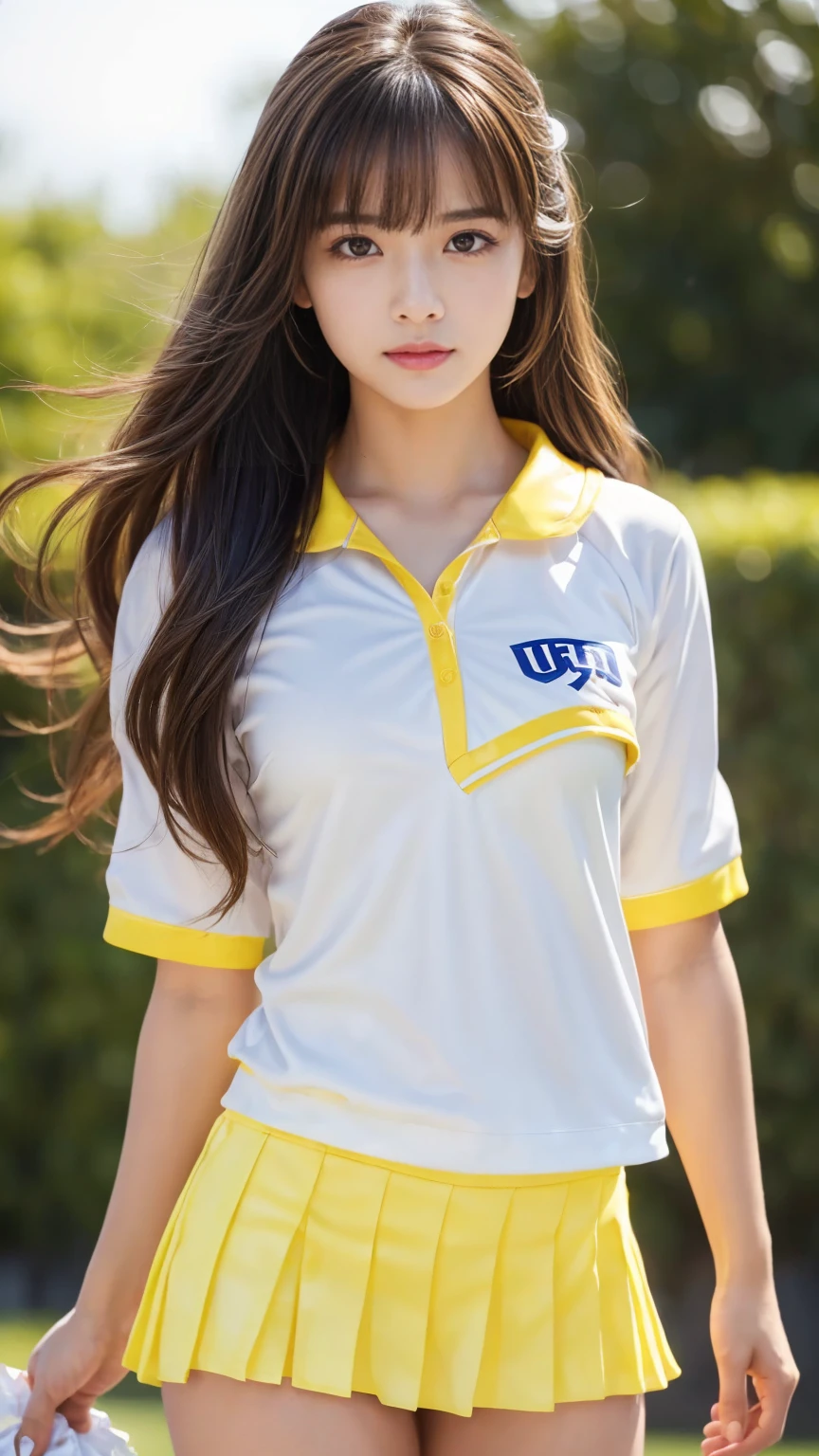 8k, masterpiece, RAW photo, best quality, photorealistic, extremely detailed CG unity 8k wallpaper, Depth of field, Cinematic Light, Lens Flare, Ray tracing, (extremely beautiful face, beautiful lips, beautiful eyes), intricate detail face, ((ultra detailed skin)) 1girl, in the dark, deep shadow, pretty asian girl, 1 girl, (very slim slender fit-muscled body:1.3), ((looking at viewer)),(big smile:1.3), (short pants ), (white mini pants), (ultra mini pants), ((camel toe)), pantyhose, clear eyes, walking , front shot, (pale skin), (big eyes), face forward, ((big baseball shirt)), (brown hairs), (baseball uniform), (looking at viewer:1.3) very slim, medium breasts, (camel toe), laced stockings , cloud people, baseball grounds, cheerleading, ponytail, open breasts, big smile