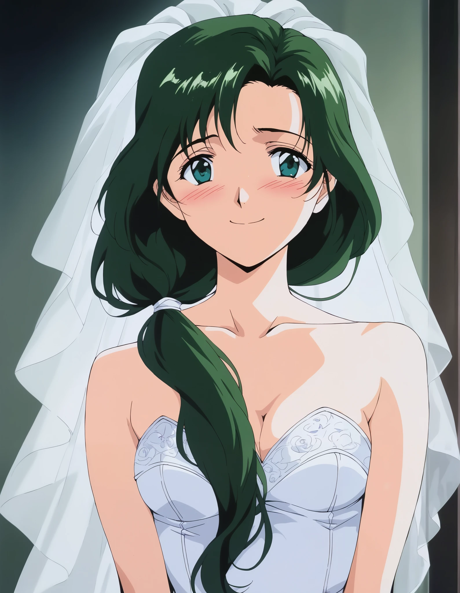 one girl, Alone, sakurai_sensei, (cowboy shot), dark green hair, long hair, green eyes, low ponytail, anime coloring, blue eyes, shoulder-mounted hair , pretty face, small breasts, cleavage, (wedding dress), (shy:1.1), (blush), (smile), (I'm fascinated:1.1), (face waiting for kiss:1.2), ( wedding venue from the window), score_9, score_8_superior, score_7_superior, source_ anime, (best quality:1.2), masterpiece, high quality, full color, 8k, High Resolution, front light