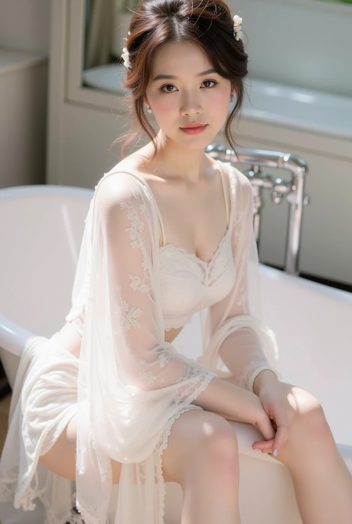 ((Highest quality、8K、masterpiece:1.3))、Wearing a white, wet, translucent kimono、Tie up your hair、Inserting kanzashi、Sexy Japanese Women、Looking straight at the camera、Look into the eyes、Facing forward、Look forward、Beautiful clavicle、Beautiful Eyes, Translucent dress、Translucent Robe、No shoulder straps、Full Body View、Sleeveless、Beautiful beautiful legs、Beautiful inner thighs