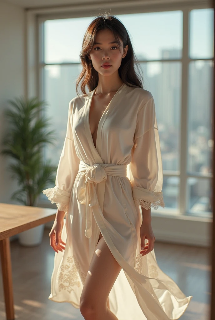 A stunningly realistic, high resolution 32k photo of a beautiful 24-year-old European woman, 1girl, 24yo, (Blonde medium wavy hair), glamorous figure, (See through:1.3), (Genuine:1.4), (full body portrait), dramatic lighting, immersive atmosphere, (chiaroscuro:1.5, bright light:1.2, luminous lighting), (background blur:1.5), blurring, ultra-detailed, HDR, physically-based rendering, studio lighting, vivid colors, (real skin texture:1.3), high contrast, (Fuji Color:1.5), dynamic lighting, in the dark, deep shadow, low key, Light on Face, double eyelids, detailed facial, detailed eyes, detailed hair, (Wears silk robe opened that show the lines of her body, Lace costumes:1.2, pantyhose:1.3), standing, (sexy posture, cowboy shot), (eyes to the viewer,smile warmly), (messy hair), Retro atmosphere, vintage decor with pastel colors. An old living room with walls decorated with retro wallpaper, wooden furniture, vintage accessories. A warm and intimate atmosphere,photorealistic,bokeh,cowboy shot,(Film grain:1.3),masterpiece,best quality, realism, 8k, epiC35mm