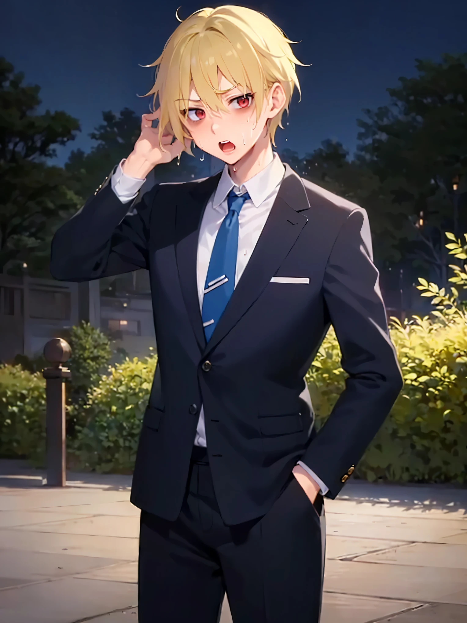 standing, (at night:1.5), hand up, masterpiece, best quality, Japanese manga style, upper body, (25 year old male: 1.5) and (short blonde hair) and (red eyes), (suit:1.5) and (blue tie), (sweat:1.3), (surprised:1.3), open mouth, in the park, alone,
