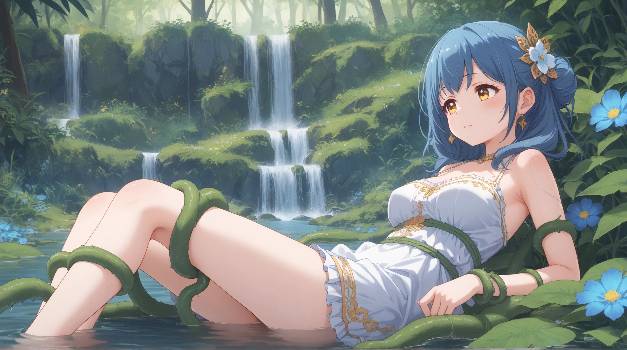 ((1 woman with mermaid tail)),((torn blouse))),((huge breasts, bare breasts, bare pussy)),((blue hair)),((green eyes, hopeless face)), ((set on a rock in the river, In a haunted forest, at night)),((1 arm behind the back)),