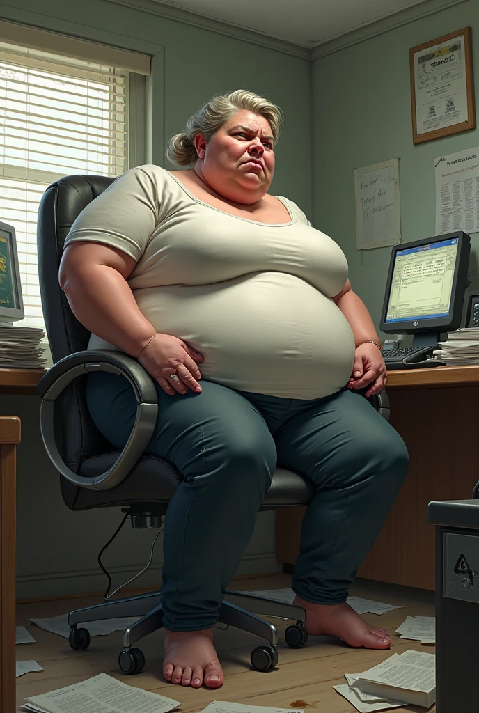 50 years old, A woman with short blonde haire, square cut Real women, she has an hourglass figure, she has a surreal, hentai-like physique, with exaggerated curves that showcase large buttocks and voluminous breasts, she is verry slim

Cadre supérieur
Bureau moderne
Banane dans la Bouche 
Regard énervé
Concentration
Documents éparpillés
Stress
Écran d’ordinateur
Pause déjeuner