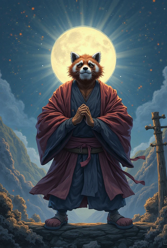 Highest quality, best quality, High quality illustrations by Rembrandt., Masterpiece, depth of field(The beautiful face and eyes are highly detailed.)nonsense, perfect anatomy, werewolf, great, red full moon, on the cliff, fog(Kimono, Very handsome young man, Focus only, muscle, Hero Moves)(Furry Anthro)full body, wide angle shot,