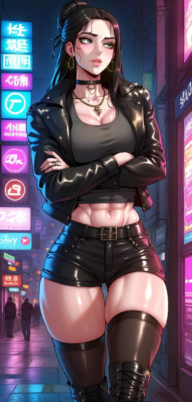 1girl, rikka takarada ,black hair,solo,blue eyes,wrist scrunchie,long hair,,bangs,  outdoors, rooftop, cityscape, building, railing, night, night sky, scenery, moon, city lights, fur trim, mature female, gloves, fur-trimmed coat,  masterpiece, best quality, highly detailed, a girls with a gun, evil smile , open mouth, sexy gaze, badass
pose , evil smile, smile, , guns blazing, anime girl with long hair, beautiful long
haired girl, navel, evil expression, exposed belly, exposed navel, exposed midriff, exposed lower belly,
long black pants, crop top, cleavage, unbuttoned leather pants ,open fly, low rise black leather pants,
leather jacket, holding a gun, 