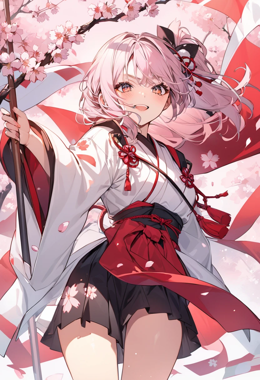 Humanoid a girl wearing Japanese traditional dress; fighting in a cherry blossom arena field, Chibi art style Studio Ghibli art, 8K, Clear picture with details, Ultrasharp