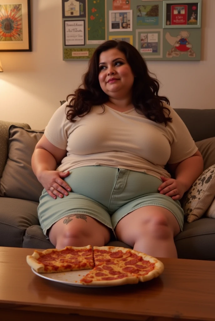 A very fat woman lies on the sofa drinking Coca-Cola from a glass