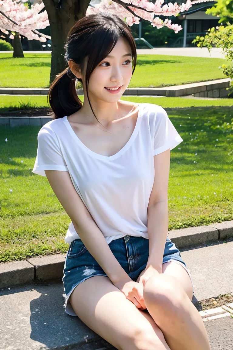 masterpiece, highest quality, 8K, , RAW photo, award-winning portraits, alone, noon, idol face,whole body,violaces, delicate girl, whole body, Completely naked、Digital single-lens reflex camera, looking at the viewer, shy smile、shame、flushed cheeks、thin arms, small breasts, nipple, small ass、thin waist、Frank, Sophisticated, like々New, thin arms, professional lighting, film grain, black eyes,chromatic aberration, (detailed eyes and face:1.0), (Bokeh:1.1),(hyper pretty face:1.2),(short sleeve shirts:1.3),(denim mini skirts:1.3),(white panties:1.3), looking at the viewer,(cute girl sitting in the park:1.3),skirt lift, (angle from the behind:1.3), looking at the viewer, look back
