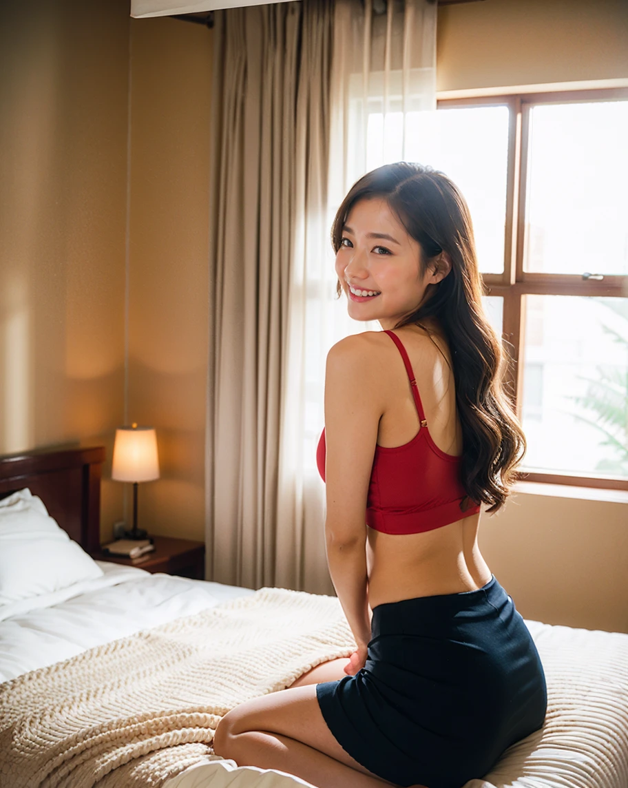 In the bedroom with pink lights，Beautiful woman in sexy lingerie，Red Dancing。Soft lighting，Cozy interior，Beautiful dance，Look happy。Red skirt fluttering，Long hair shawl，Charm，Fast pace。do)), (detailed), Perfect face