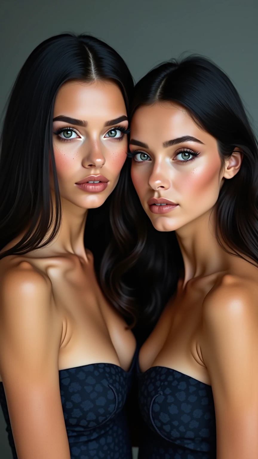 2 woman with rounded forehead, thick upper lip, freckle on cheek, drooping eyebrows, few eyelashes, sunken cheeks, slightly full face, relaxed and small breasts, inverted nipples, dark Latina skin, fine brown hair, naked  