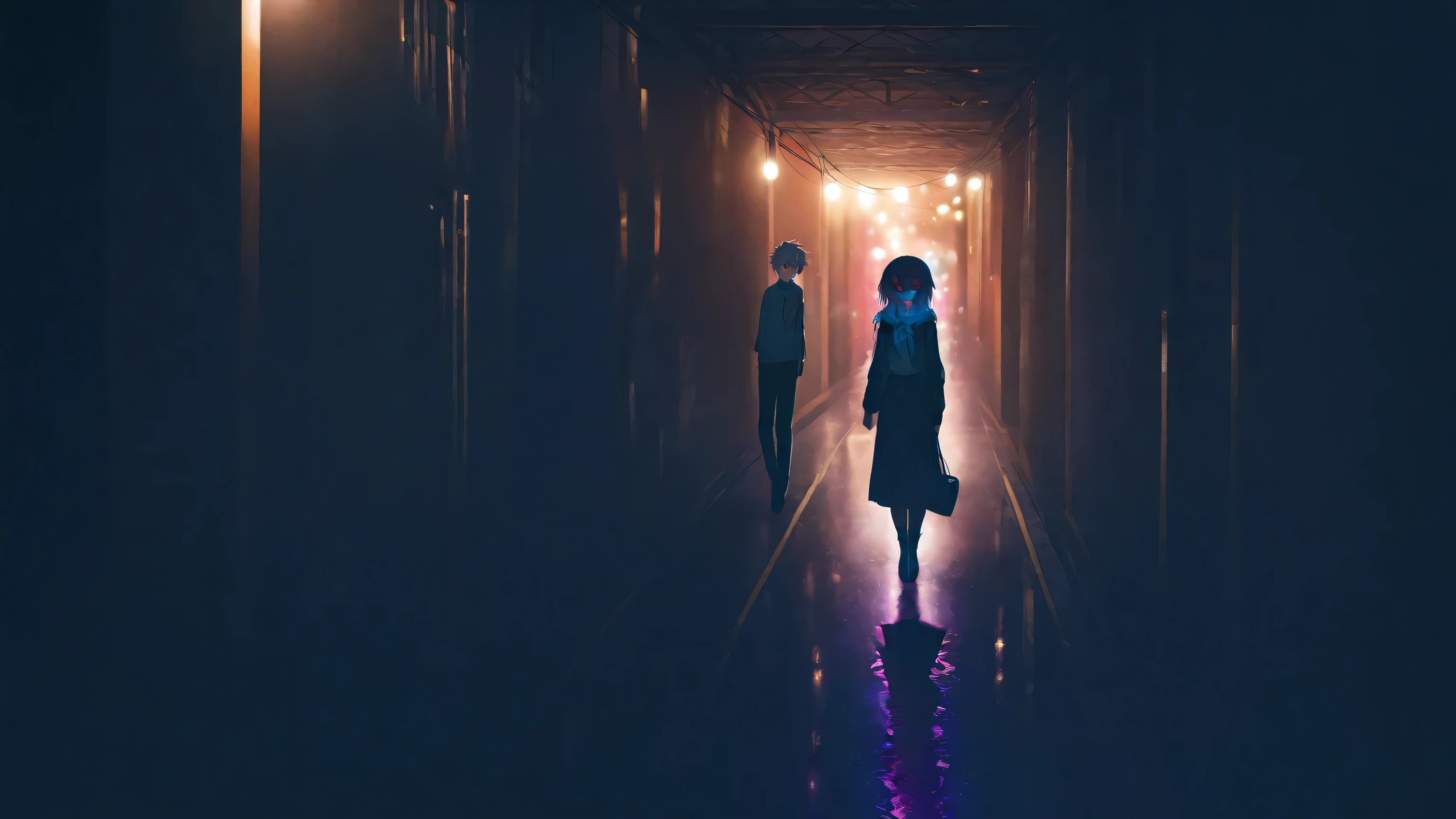 (( masterpiece, )), high resolution,  8,000, movie lights,  high contrast ,,road, at the crossroads ,Late Night,Back,Boys