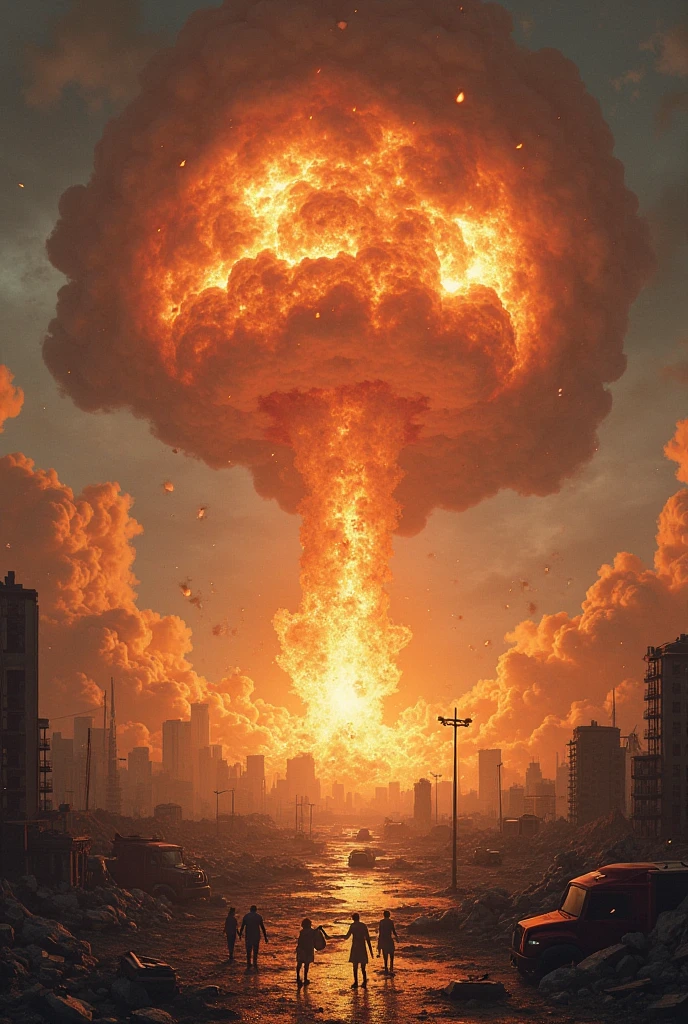 explosion artstyle, (masterpiece),best quality, an giant explosion in a city at night, explosion, landscape, city at night,(night), smoke mushroom, bright explosion, nuclear explosion, colossal, horizont, destruction, impact wave, impact, circular explosion, explosion clouds, high temperature,buildings, epic, explosion focus, ((epic light, epic shadows)), hellish landscape, thunders, end of the world, apocalypse, beautful sky, agressive clouds, colorful BREAK an explosion at night, the destruction of a city, the image transmit and epic feeling, is a sad image, the explosion is in the center of the image, the explosion is colorful, there is a high contrast of colors, the top of the image is dark, the middle of the image is bright, the top of the clouds are dark