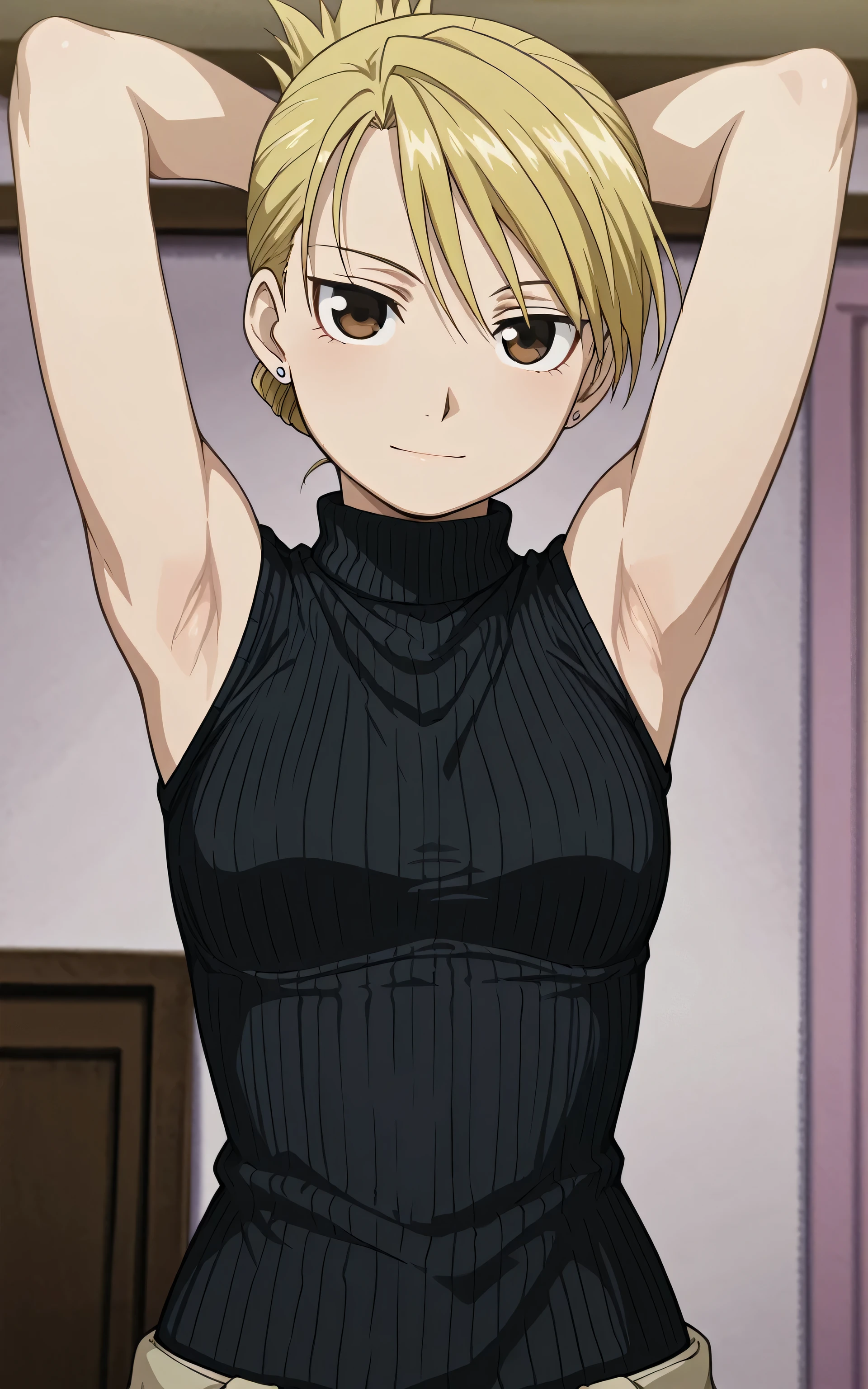 masterpiece, best quality, amazing quality, anime screencap, 1girl, solo, riza, brown eyes, blonde hair, folded ponytail, jewelry, earrings, black sweater, sleeveless sweater, ribbed sweater, turtleneck, sleeveless, bare shoulders, bare arms, arms behind head, armpits, head towards viewer, looking at viewer, light smile, closed mouth, front light, indoors