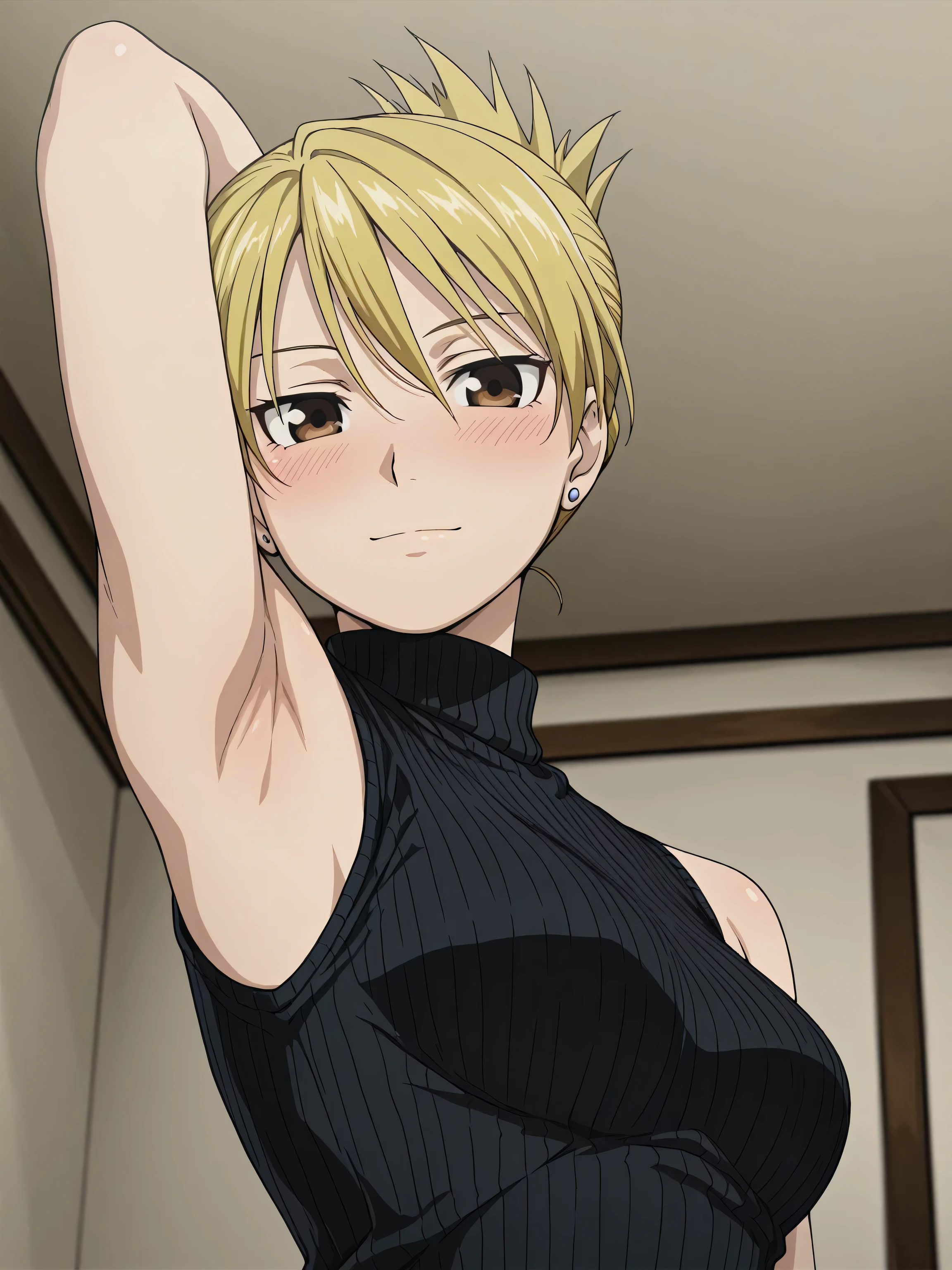 masterpiece, best quality, amazing quality, anime screencap, 1girl, solo, riza, brown eyes, blonde hair, folded ponytail, jewelry, earrings, black sweater, sleeveless sweater, ribbed sweater, turtleneck,, sleeveless, bare shoulders, bare arms, arm behind head, armpit, head towards viewer, looking at viewer, light smile, closed mouth, front light, indoors, from side, from below, blush