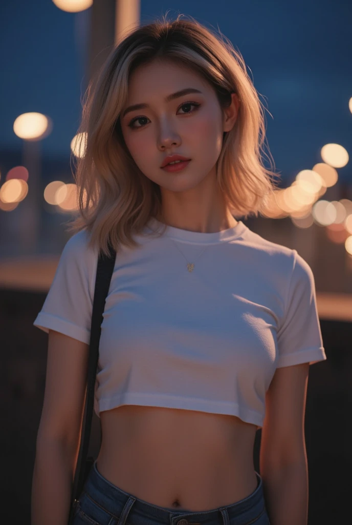 live-action、Very beautiful Japanese、Small T-shirt、belly button、Tight jeans、ponytail、Leaner figure、Blonde、Gal Makeup