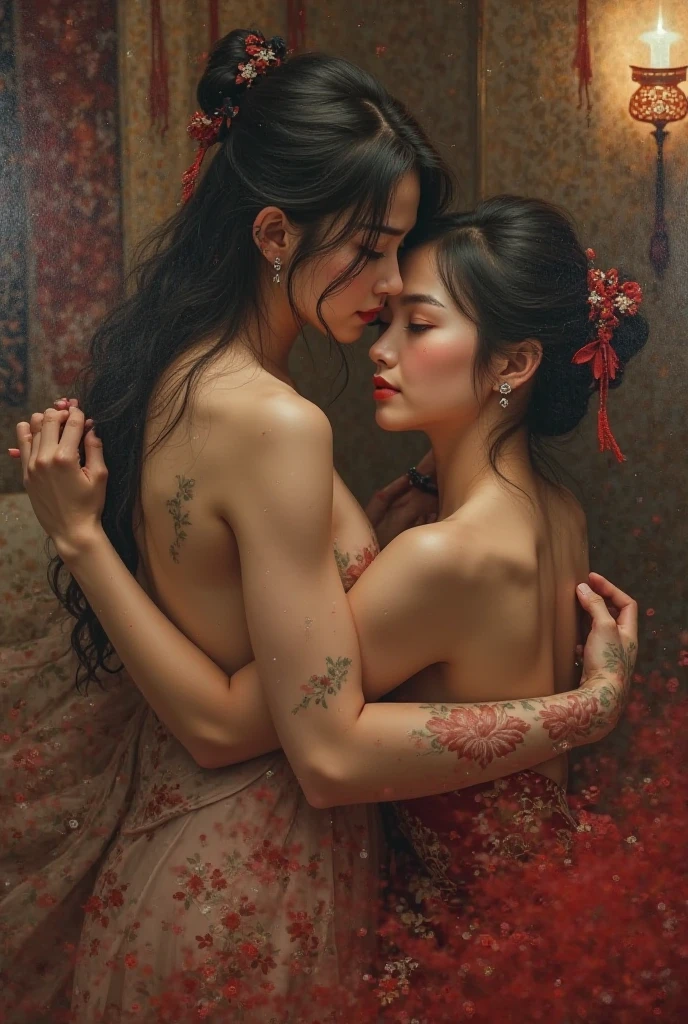 Lovers embracing each other in ancient Chinese storms wet temptation