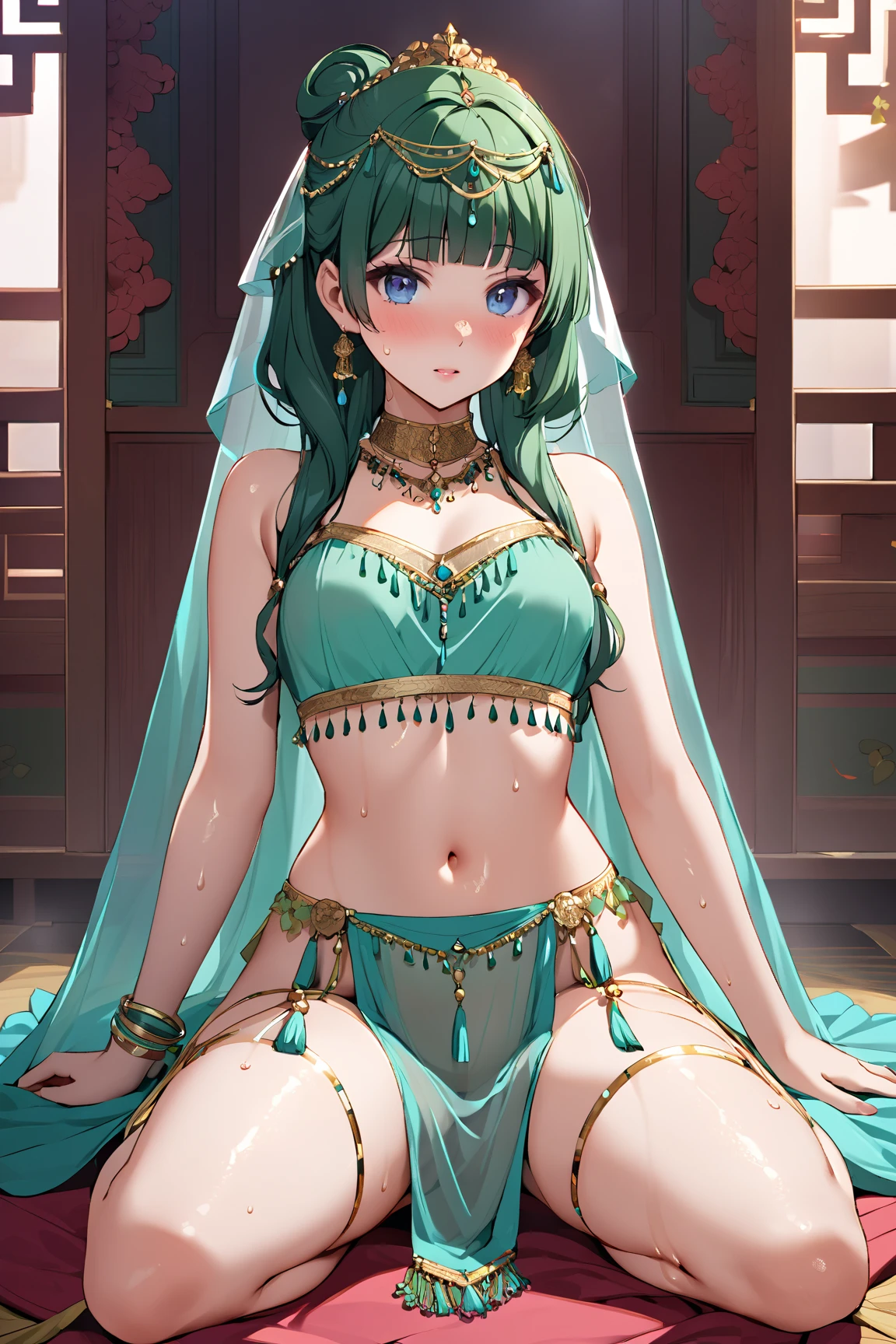 absurdres, RAW photo, extremely delicate and beautiful, masterpiece, Best Quality, ultra high resolution, 32k, hyperrealistic, ultra-detailed, delicate facial features, beautiful detailed woman, tearful mole, earring, medium breasts, full body shot, medium hair, black hair, Dunhuang Apsaras costume, Dunhuang style, 