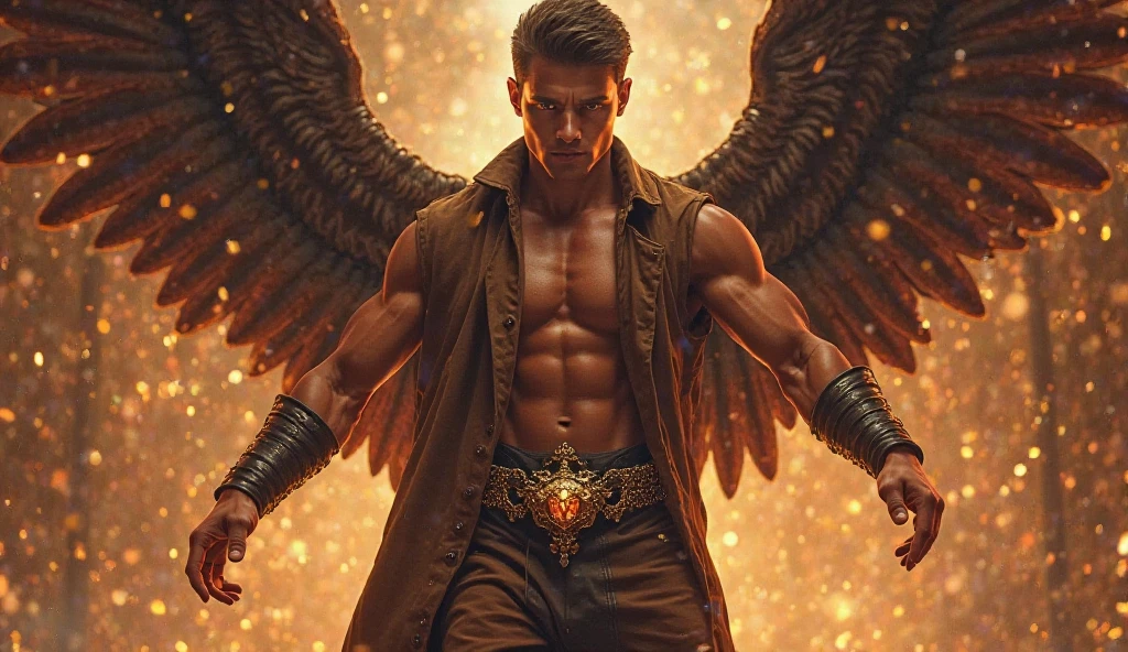 a legendary young angel, asian male model, muscular, handsome, shirtless, double eyelids, big light areola, short hair, heaty white skin, blessed with the spirit of the White Bengal Tiger. This celestial being manifests as a mighty and imposing figure, radiating an aura of raw masculine power. With a chiseled physique and a presence that commands attention, he embodies the perfect union of divine grace and untamed strength. The angel's muscular form exudes an air of untamed prowess, his every sinew rippling with power. His broad shoulders, sculpted chest, and well-defined muscles speak of his formidable physicality and unmatched resilience. Each movement he makes is infused with a captivating blend of elegance and force, a testament to his celestial origin and his connection to the majestic White Bengal Tiger. Upon his head rests a crown, a symbol of his celestial dominion. Carved from ivory-white jade, the crown features intricate motifs inspired by tiger claws and regal motifs representing his power and authority. Embedded within the crown, a radiant gemstone glows with an otherworldly luminescence, reflecting the boundless energy and primal essence of the White Bengal Tiger. The angel's countenance is a mesmerizing blend of serenity and fierceness. His piercing eyes, the color of molten gold, exude an otherworldly wisdom and a burning intensity that hints at his indomitable spirit. A flowing mane of lustrous white hair cascades down his back, its ethereal strands imbued with a soft radiance that echoes the moonlit glow. He stands as a guardian and protector, embodying the untamed spirit of the wild, and offering solace and guidance to those who seek his celestial light.