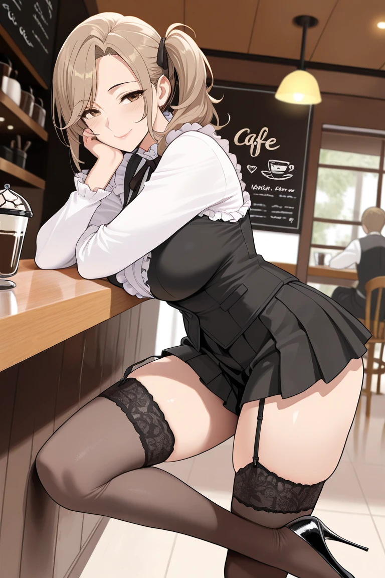 [[cross your legs]]、[[rateethe your legs]]、[[rateethe one leg]]、[[knee high boots]]、[[knee high socks]]、[[pleated skirt]]、
there teeth one woman、
(The woman teeth sitting with her legs out in front of her, しかし彼女の膝teethくっついている.:1.8), (Please show the composition as seen from the front..:1.5)、(両足teeth床にあります:1.8)、
(The woman teeth wearing a white sleeveless knit:1.5)、(スカートteethバックスリットが入ったミニスカートteeth:1.8)、(彼女teeth長く着ています, slim black boots.:1.5)、
パンティーteeth白の派手な柄teeth、
(女性teeth短い茶色の髪をしています:1.5), shining eyes, A provocative grin,
(The place teeth a tall high stool in a cafe.（Counter chair）teeth:1.8)、
highest quality, High resolution, realteethtic pictures, realteethtic skin,