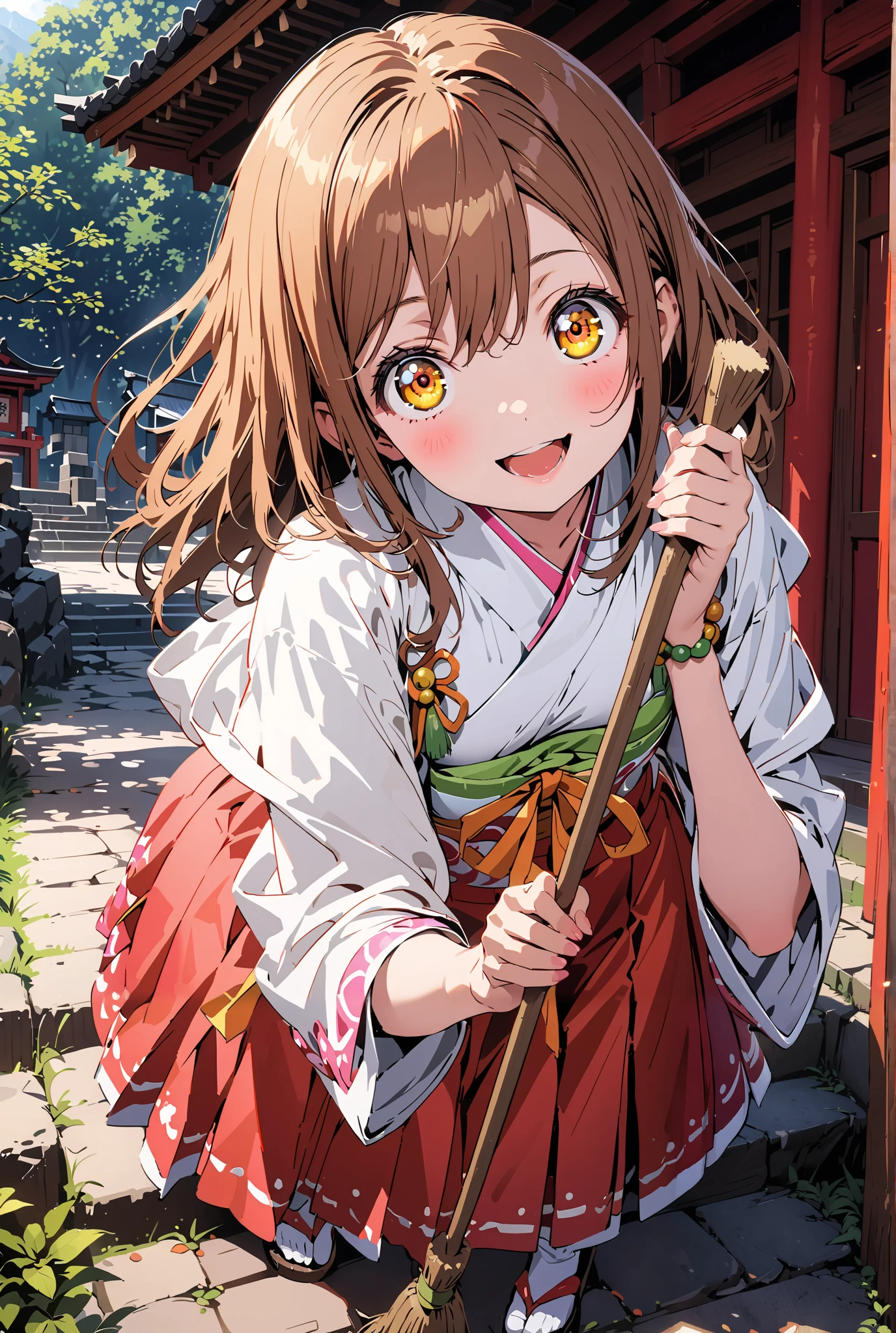Hanamaru Kunikida,  long hair, bangs, brown hair, yellow eyes all the way to the tip,smile,blush,opens her mouth, shrine maiden costume, white kimono , white socks,Sandals,Red Hakama,holding the broom grip with both hands,I'm cleaning the stairs with a broom,noon,full bodyがillustrationsに入るように,                                                          break outdoors, shrine,
break looking at viewer,full body,
break (masterpiece:1.2), Highest quality, High Resolution,  Unity 8K Wallpaper , (illustrations:0.8), (beautiful detailed eyes:1.6), Highly detailed faces,   perfect lighting , extremely detailed CG, (PERFECT HAND, perfect anatomy),