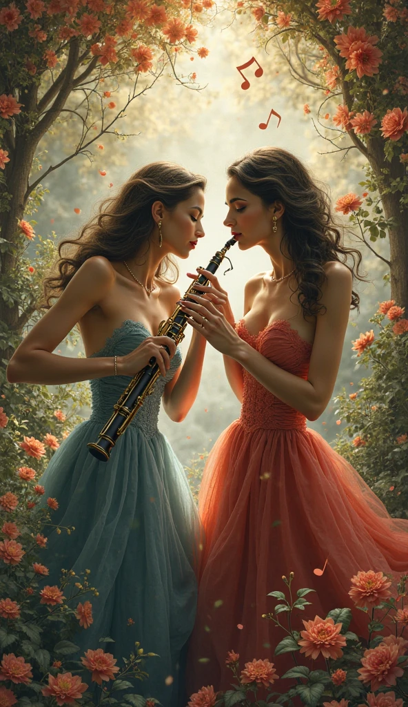 Two women ride naked on a boat and play the clarinet.