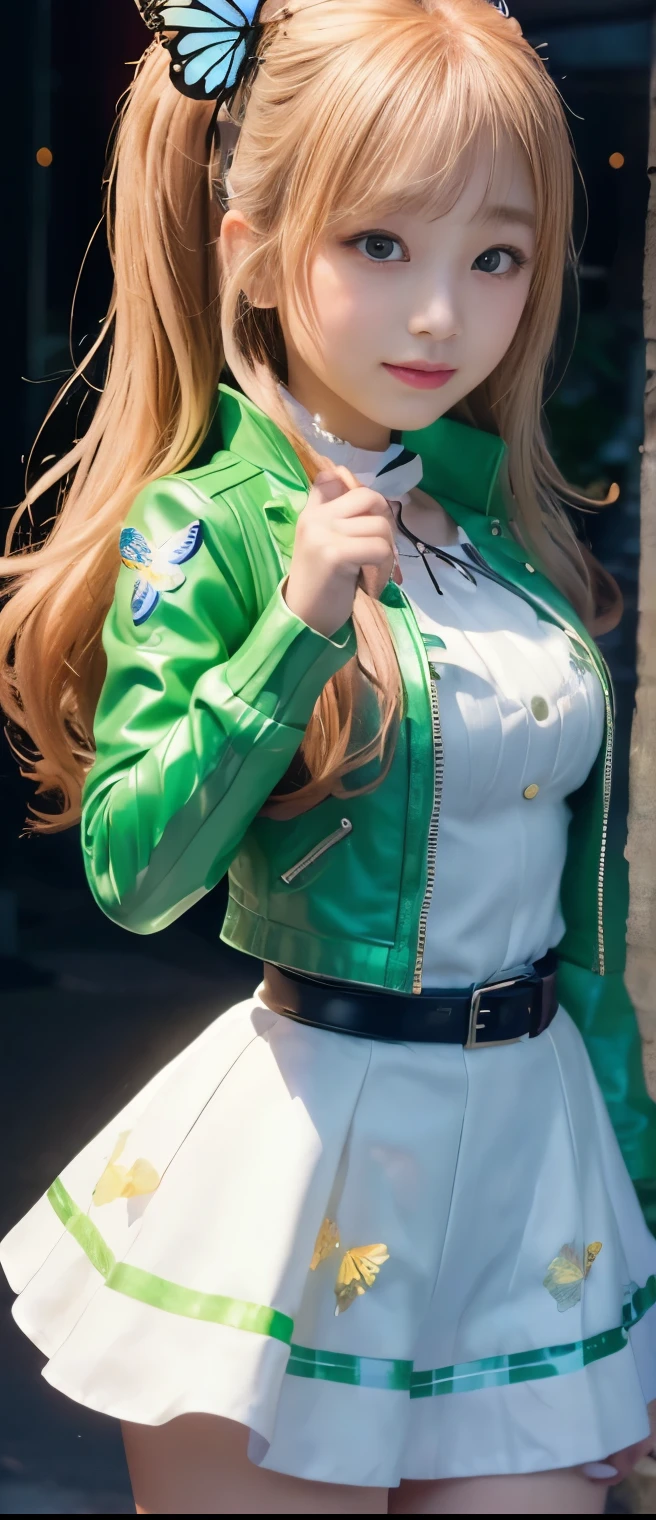 pure idol girl(elegant hair)、A pure girl's face、 hypo、、White Sequin Tight Mini Dress、Green Leather Jacket、Glowing Windspear、Butterfly Belt、 Wonderland Garden