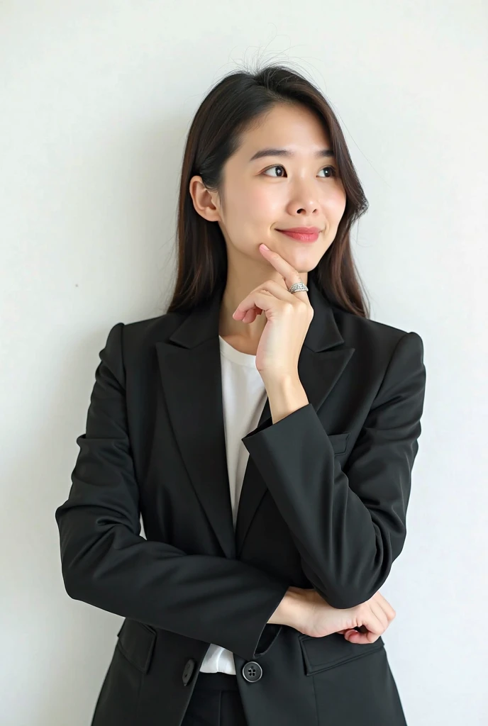 (Masterpiece, Best quality, RAW photo, Surrealism, 8k, Super detailed, Super beautiful), 
(Anatomically correct, Perfect human body, Silky skin, Realistic skin, maiko, 17 years old, Japanese girl, Idle face, Slim waist, Slender legs, Large breast, Baby face, Beautiful and cute face), 
(Round face, Black hair, Moist eyes, Shining eyes, Short bob cut, Bangs, Down-slating eyebrows, one little earring, Light blush), 
(turn the body forward), (Look at the viewer), 
(goddess smile), 
(Monochrome setup, jacket and pants, luxury business bag)
(Morning work time, City sidewalk, Tokyo, luxury buildings, large number of passersby), 
Natural lighting, full length, whole body, angle from below