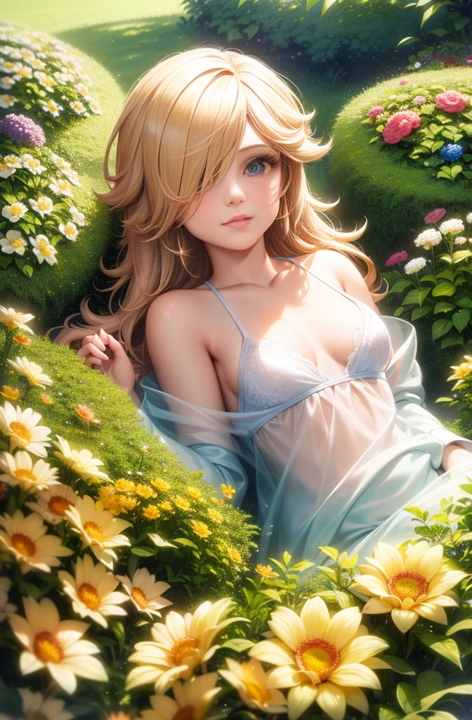 Highest quality, masterpiece, Ultra-high resolution (Realistic: 1.4), RAW Photos, 1 Girl, White Dress, Bare shoulders, A field full of pink flowers, Glowing Skin, seductive gaze, exotic makeup, red lipstick, smoky eyes, freckles, very brief underwear, nsfw.