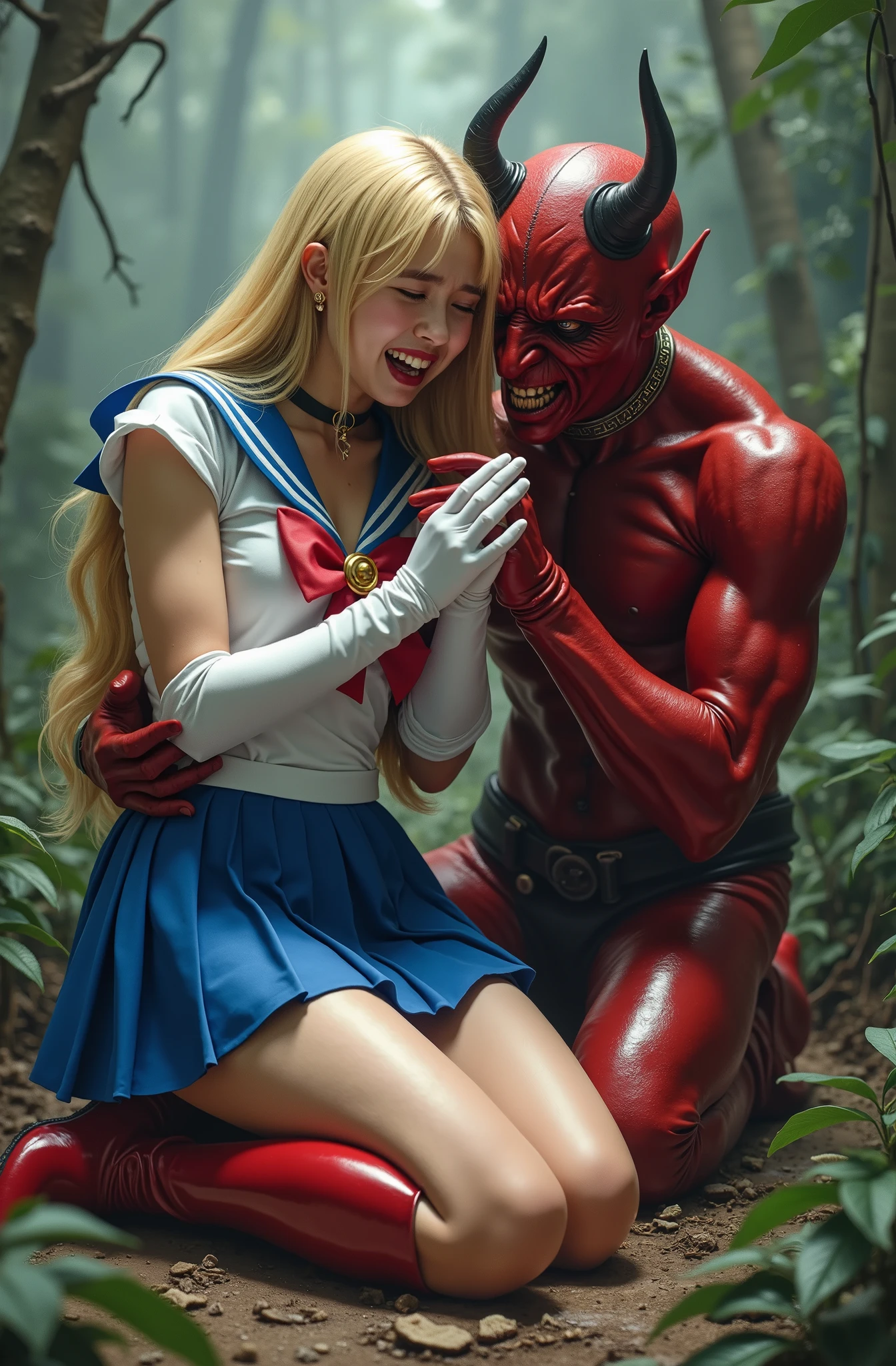 Hyperrealism, masterpiece, highest quality, A young Japanese woman is sitting on the devil lap, ((she is crying and screaming in pain)), painful face, she is wearing a Sailor Moon costume, Blue sailor collar, Blue mini pleated skirt, she is wearing pleated skirt, blue pleated skirt, Long white gloves, shiny beige color pantyhose, red high boots, Exposed thighs, red long boots, big choker, long blonde Hair, a devil is kneeling sexual assault her, the devil is hugging her and touching her leg, the girl push his hand out, in the jungle,