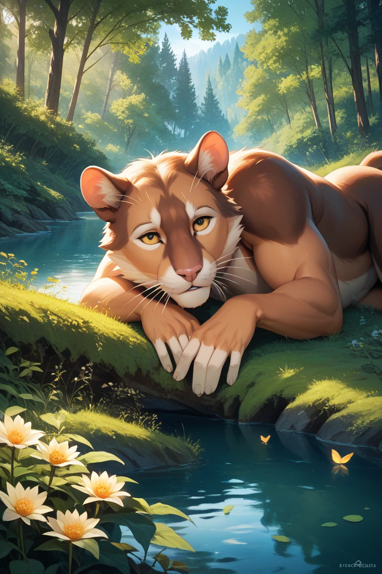 (Beautiful mature female, Lion, paws, claws, (fluffy anthro furry:1.3)), remarkable detailed eyes, (wavy hair (freckles)), nude, pussy, small
breastssqueezed between elbows, blush, aroused, downward dog pose, looking at viewer, (stylized Anime artwork, blue outline Ghibli style), detailed, masterpiece, best quality, detailed background, solo