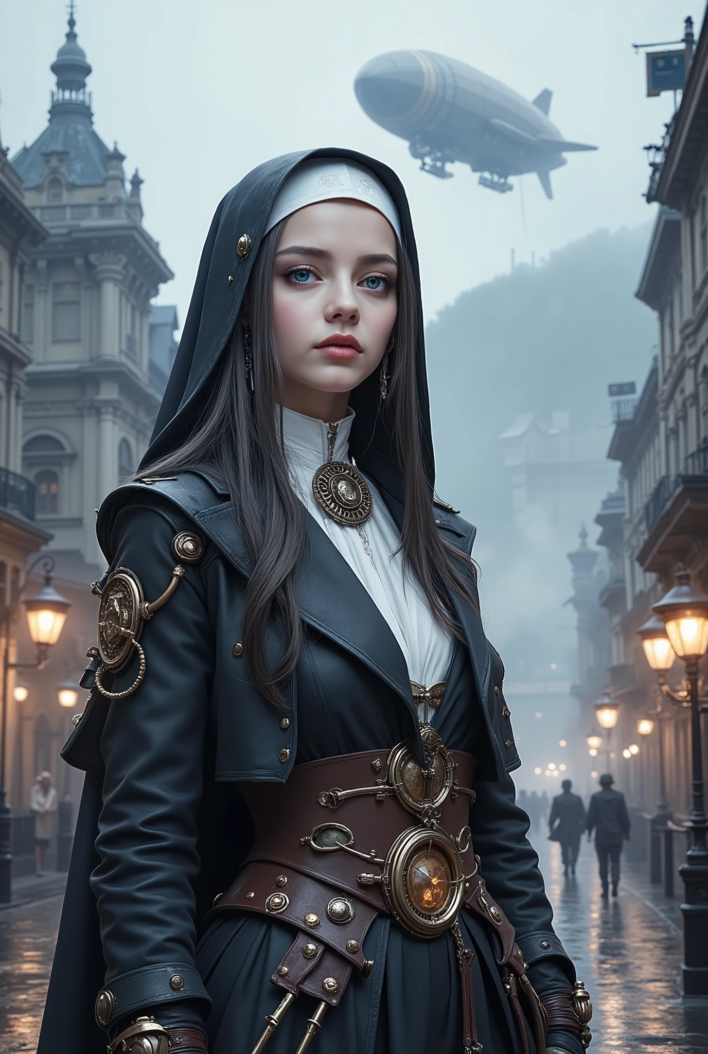 Beautiful and charming steampunk prostitute nun standing in a wet and foggy steampunk city (London , 1890) A hill behind a , airship, A beautiful and charming steampunk woman standing in front of a