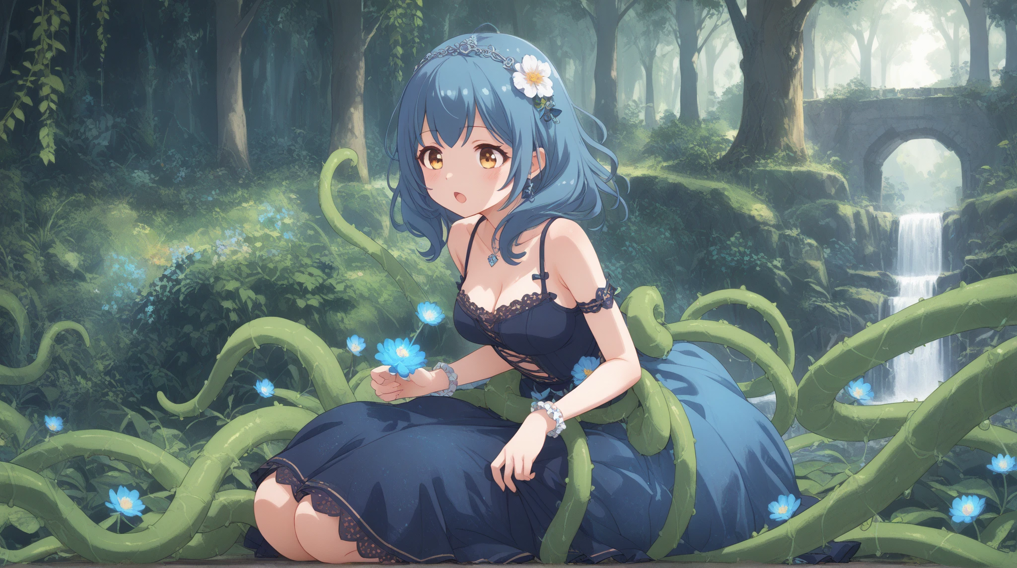 High Quality, Masterpiece, <lora:NSRusalka:1>, wearing NSRusalka, 1girl, underwater, IncrsRanni, wavy hair, colored skin, blue skin, cracked skin, extra arms, extra faces, <lora:Char_EldenRing_Ranni:0.9>, ExtraFacesRanni, <lora:Looks_ExtraFaces:1>, flower, hair flower,