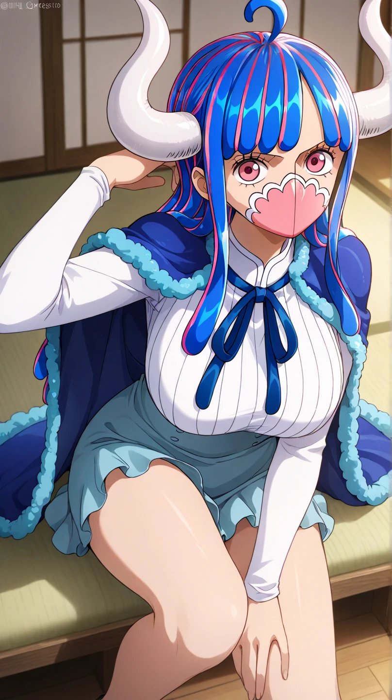 (masterpiece, Highest quality:1.4), Cinematic Light, colorful, High Contrast, (One girl), Alti OP, One Piece Anime, ((Large Breasts)), Multicolored Hair, Long Hair, Blue Hair, Pink Hair, bangs, horn, blush, Underarm, night, Blue Bikini